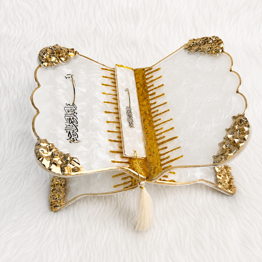 Premium Ivory & Gold Resin Art Quran Stand (Rehal) with Matching Bookmark