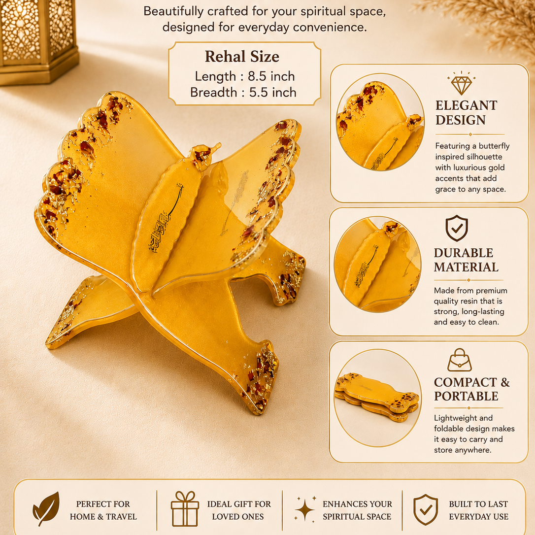 Yellow butterfly-shaped dish with text highlighting its features on a beige background