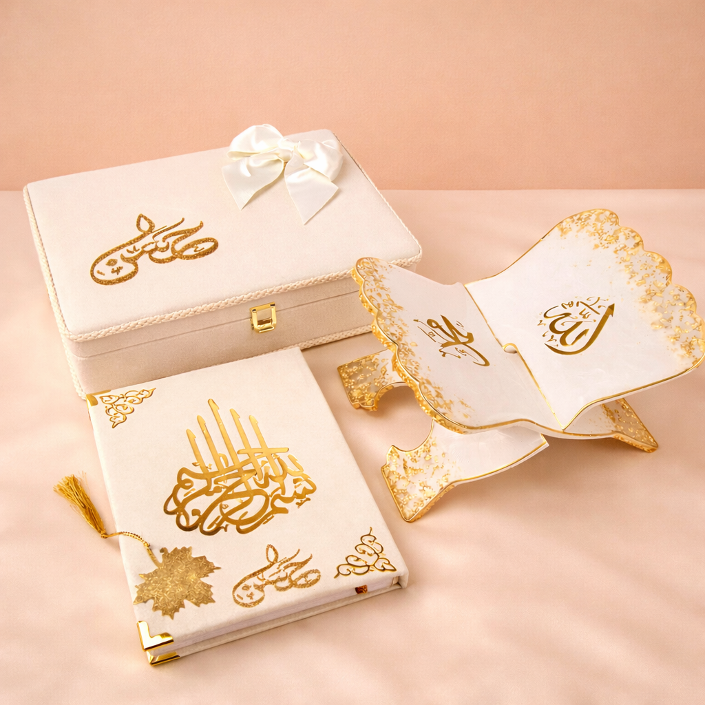 Classic White Quran Hamper with Rehal | Premium Velvet