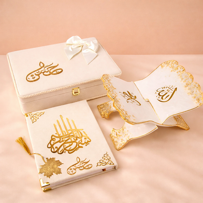 Classic White Quran Hamper with Rehal | Premium Velvet