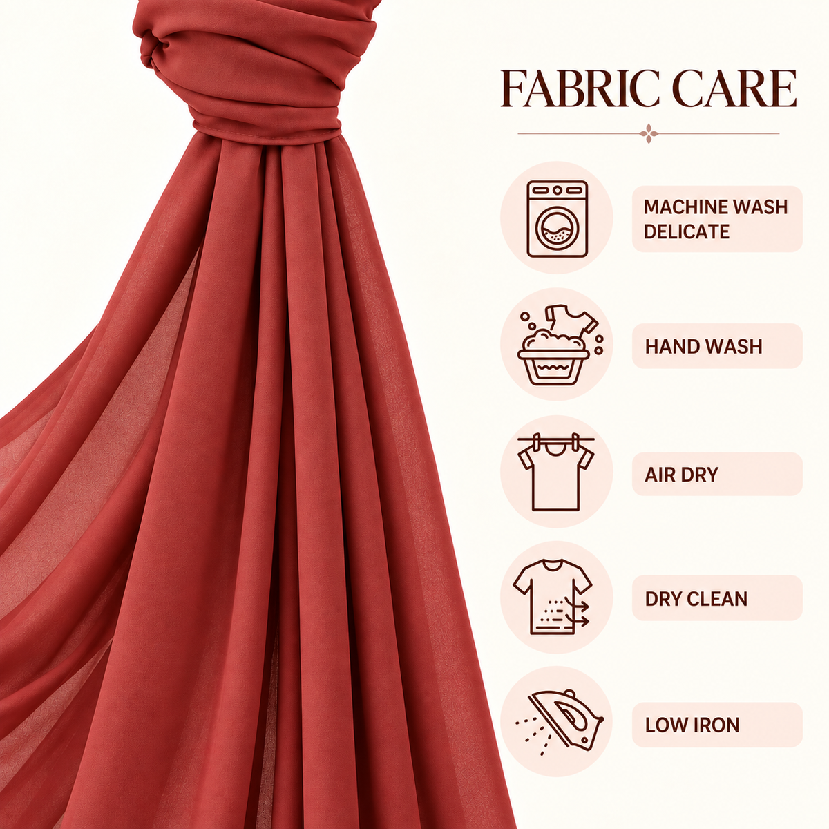 A draped piece of dusty rose red fabric shown next to a 'FABRIC CARE' infographic on a light cream background, detailing care instructions with icons and text.