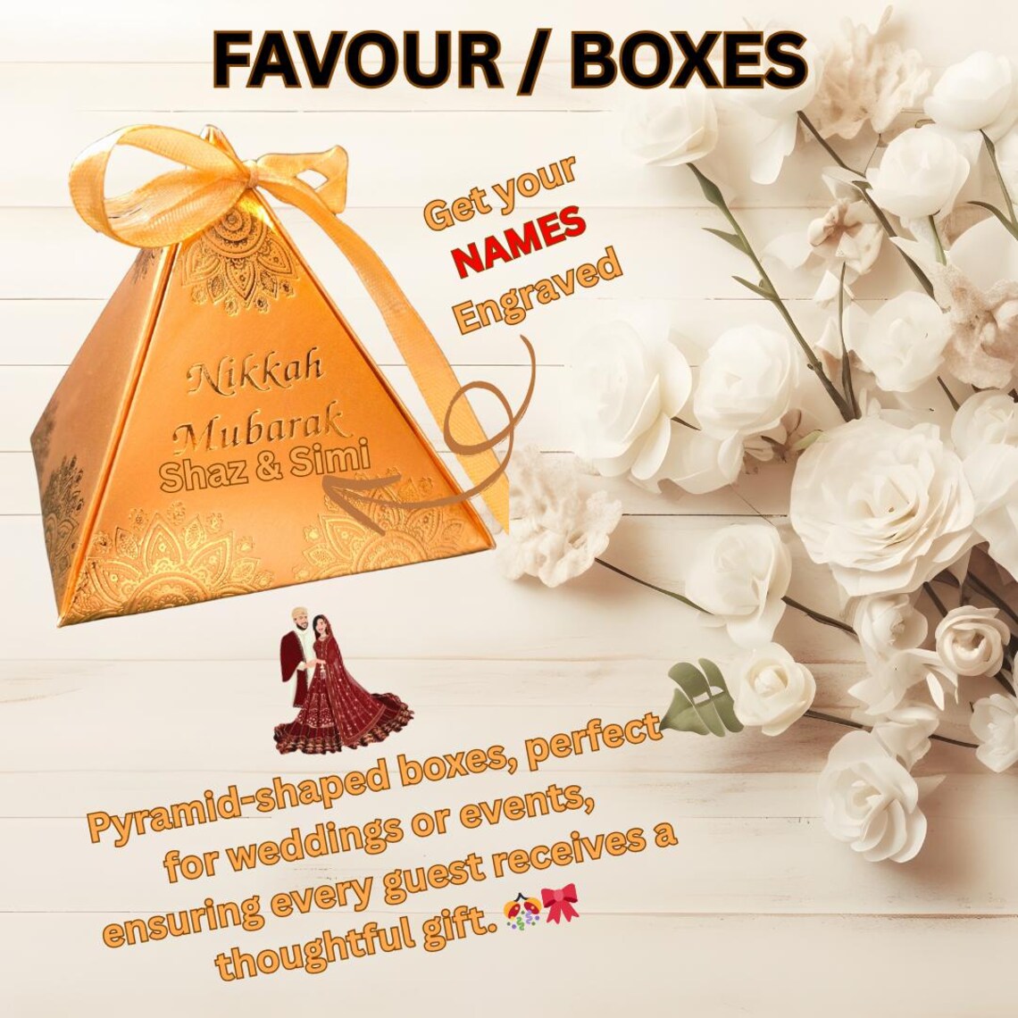 Wedding Gift Favor / Bid Boxes - Cardboard Paper Wedding Party Box - Engagement Anniversary Nikkah Mubarak Pyramid shape.