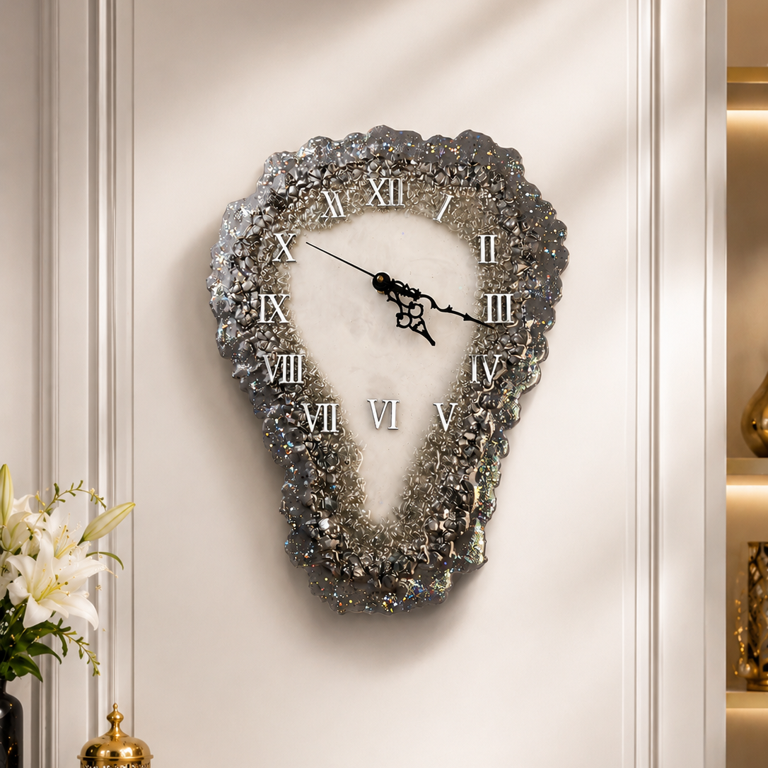 Decorative wall clock with crystal embellishments on a wall.
