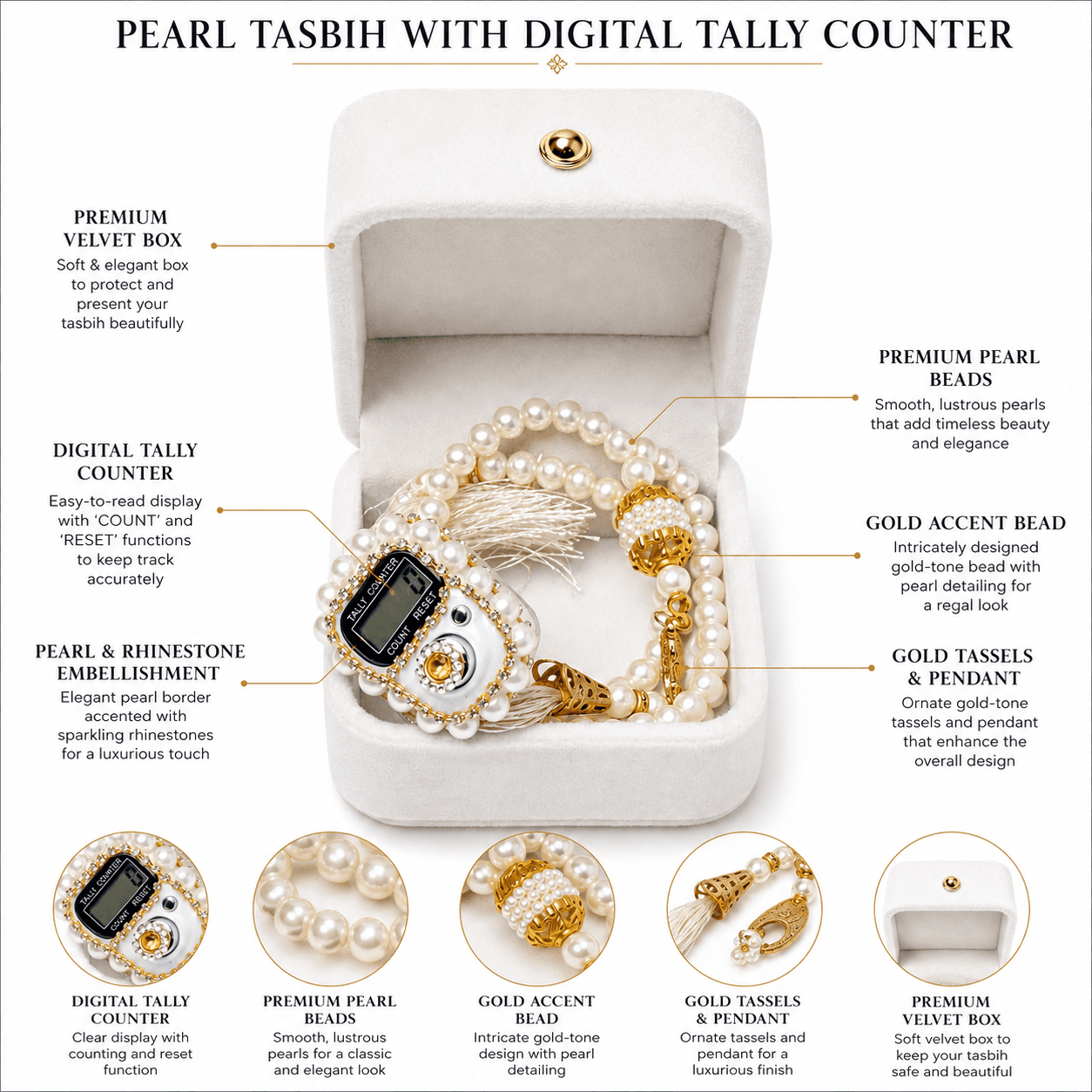 Pearl tasbih with digital tally counter in a premium velvet box, featuring gold accents and rhinestones.