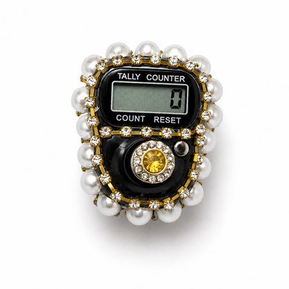 Digital tally counter with pearl and gemstone design on a white background