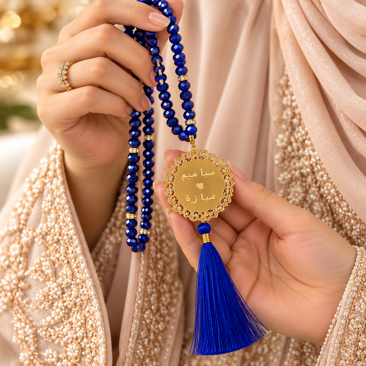A blue beaded necklace with a gold-tone oval pendant and tassel, displayed on a white marble gift box with small white flowers in the background.