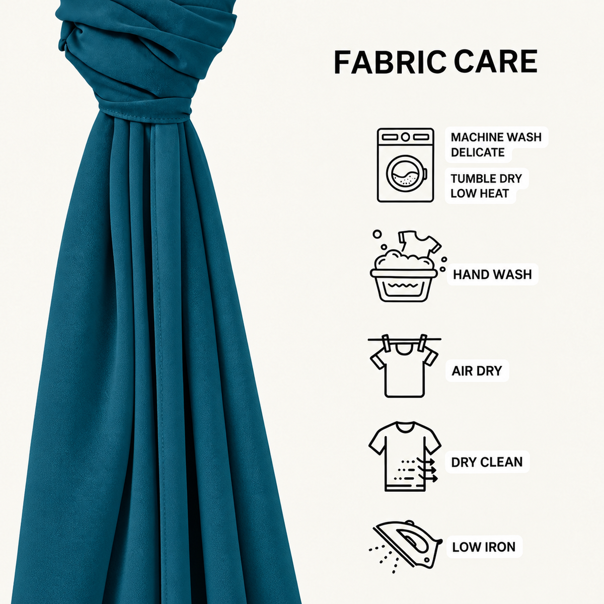 A teal fabric curtain panel is shown on the left with a gathered top and flowing drape, next to a 'FABRIC CARE' infographic on a light beige background. The infographic lists care instructions with icons: machine wash delicate, hand wash, air dry, dry clean, and low iron.