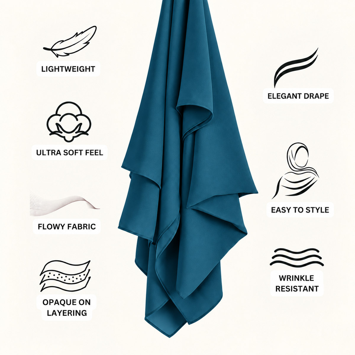 A teal blue headscarf or hijab is shown hanging against a light cream background with feature callouts and icons around it, including Lightweight, Elegant Drape, Ultra Soft Feel, Flowy Fabric, Easy to Style, Opaque on Layering, and Wrinkle Resistant.