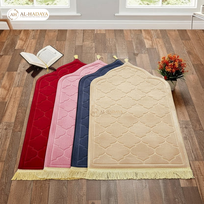 colourful velvet prayer mat with dome design and golden detailing, thick and soft for comfortable salah.