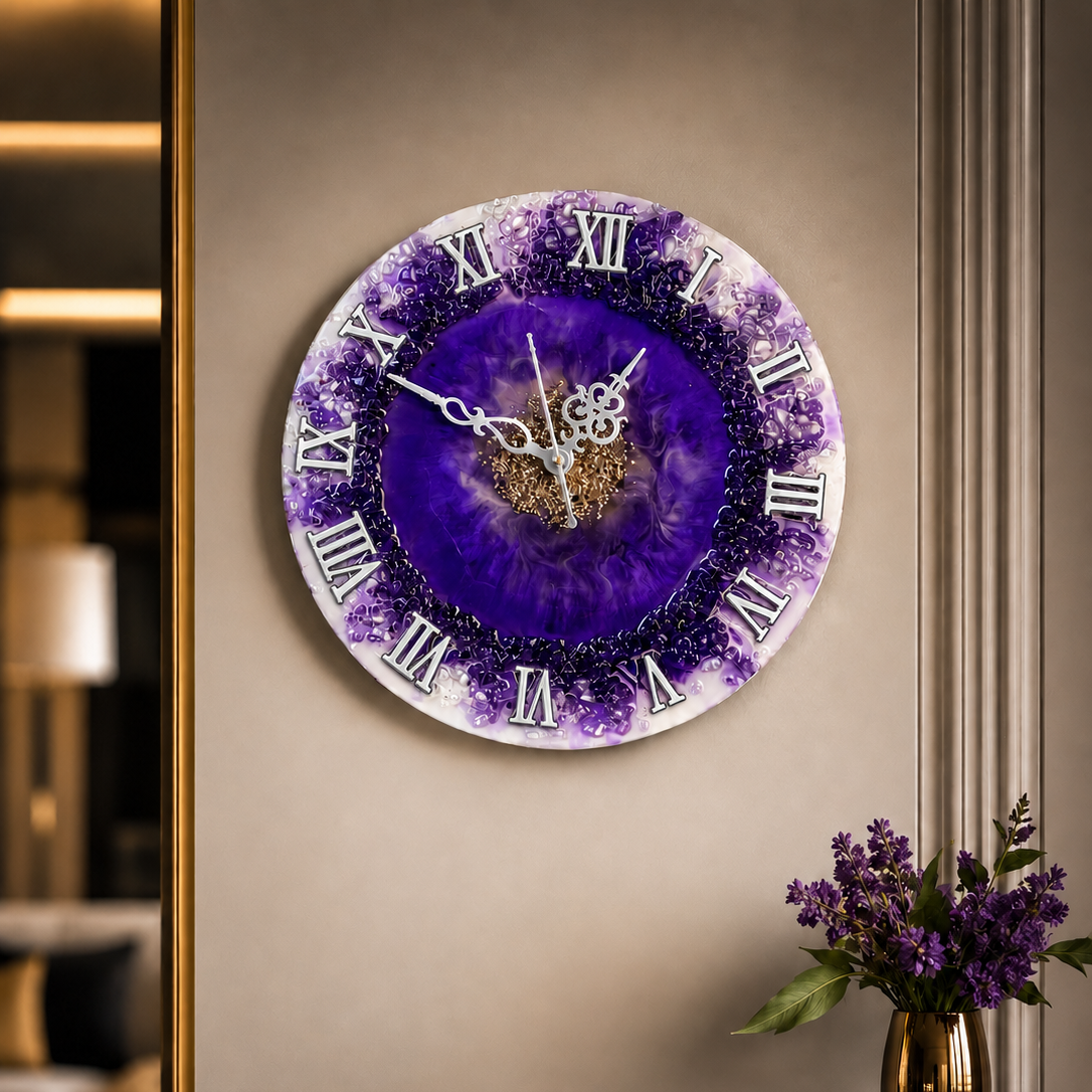 Handmade Resin Art Wall Clock – 12 Inch Modern Home Décor with Natural Stones | Resin Art Wall Clock 12 Inches Unique Home Decor