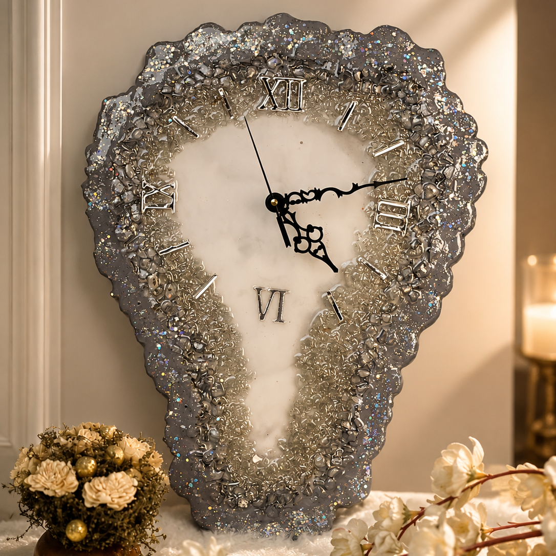 Luxury Resin Wall Clock – Silver Crystal Edition
