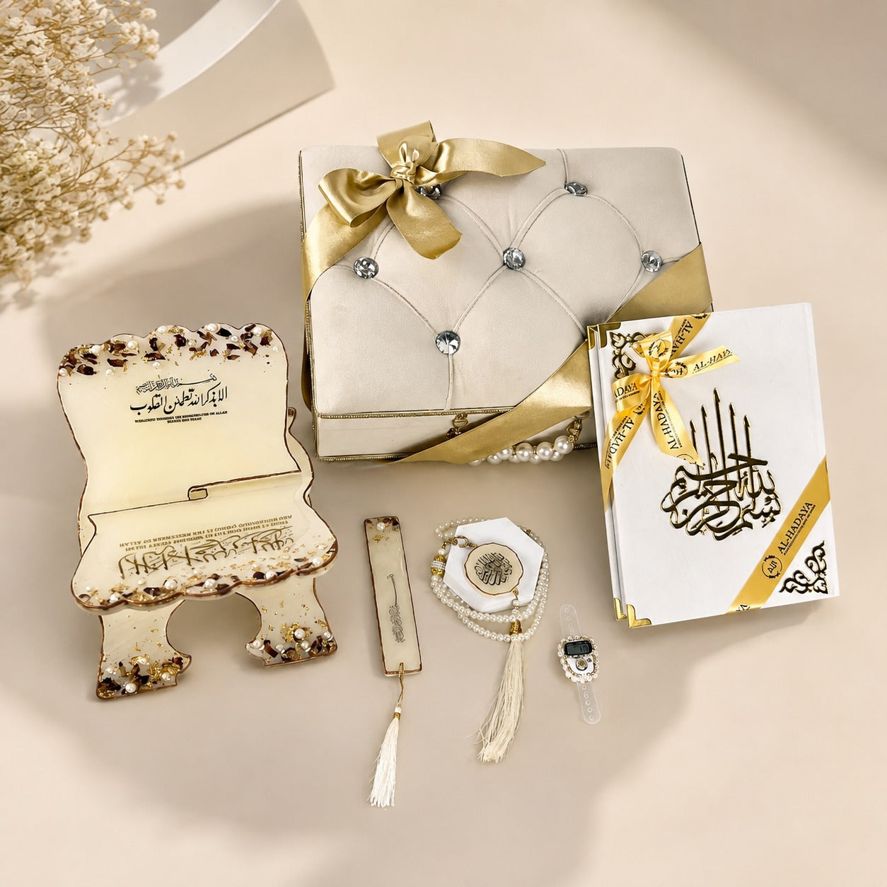 Crystal-Tufted Barkat-e-Jariyah Hampers  Quran Gift Set | Color-Pearl White