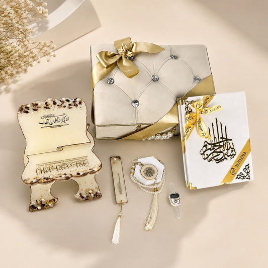 Crystal-Tufted Barkat-e-Jariyah Hampers  Quran Gift Set | Color-Pearl White