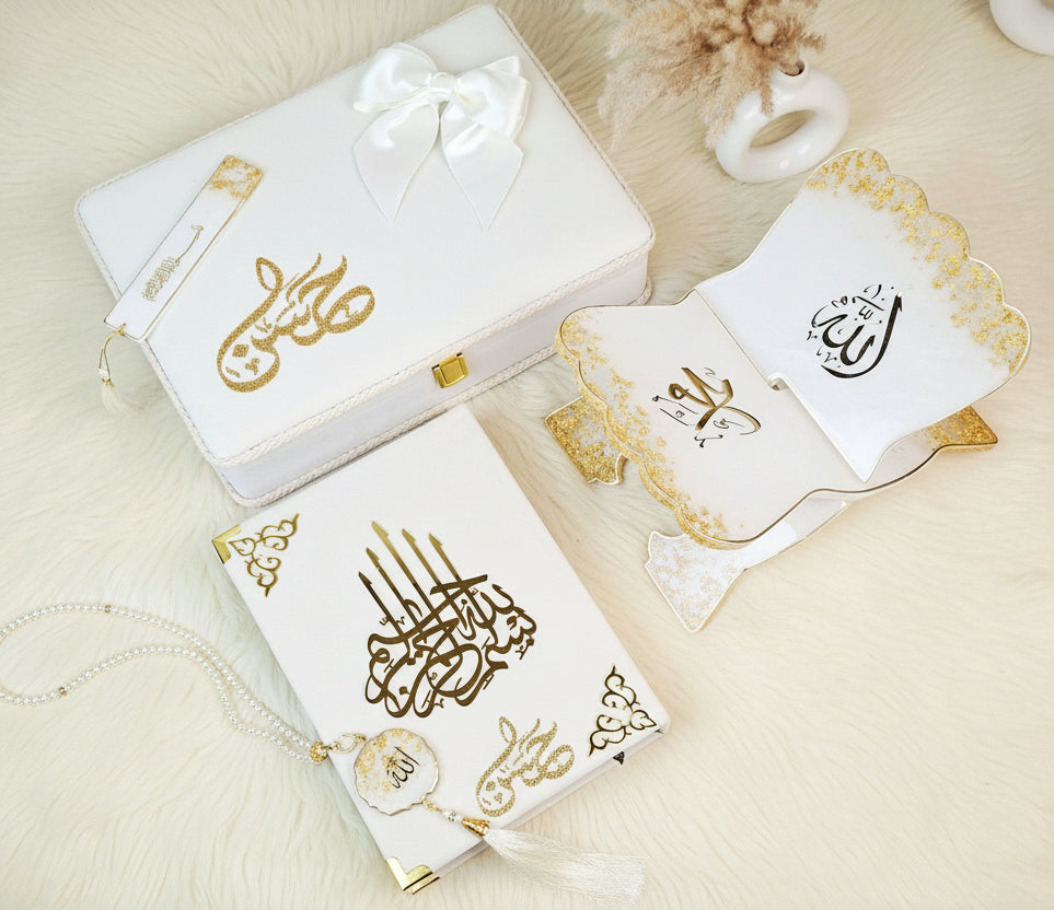 Classic White Quran Hamper with Rehal | Premium Velvet