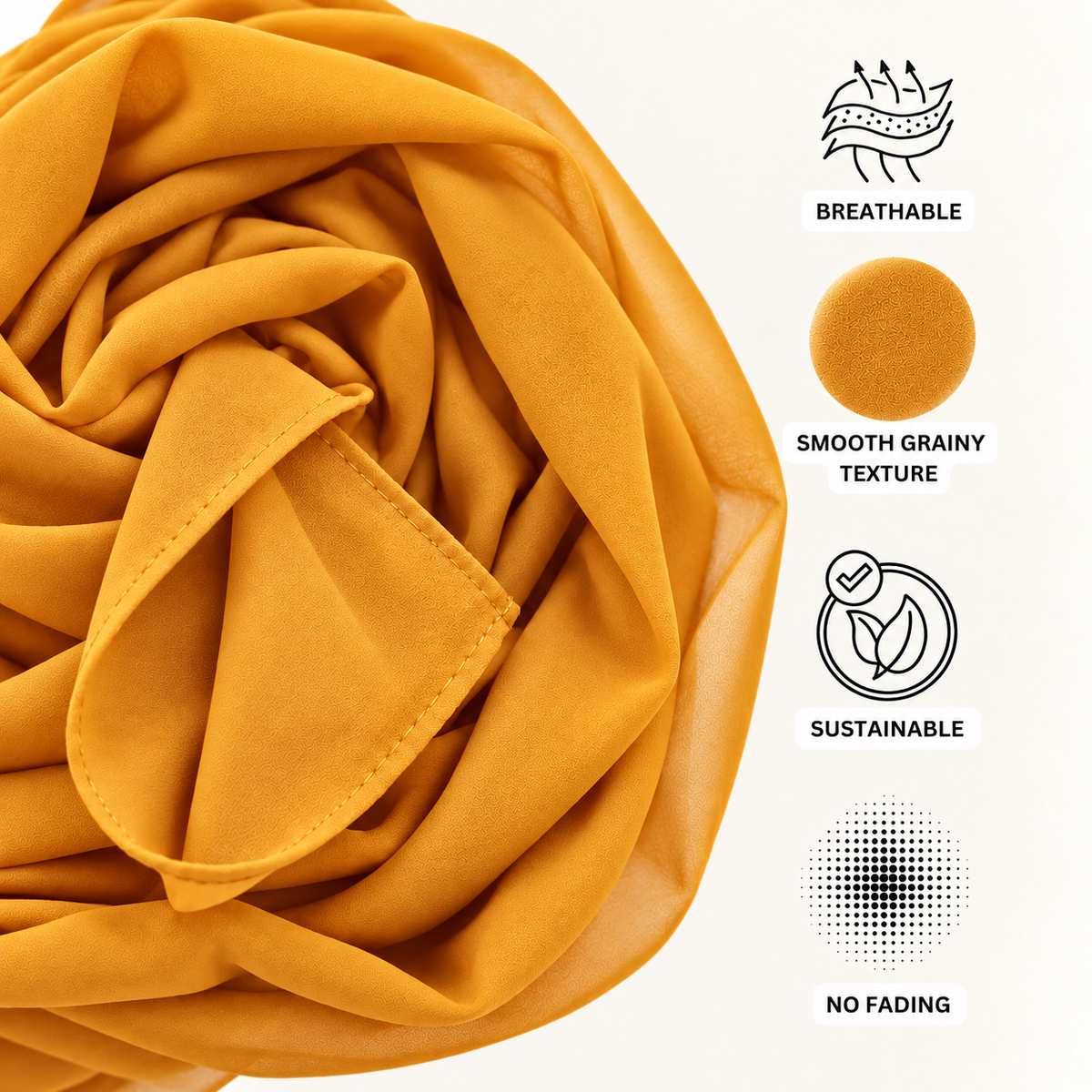 A draped mustard yellow fabric shown in a close-up with four feature callouts on the right: breathable, smooth grainy texture, sustainable, and no fading.