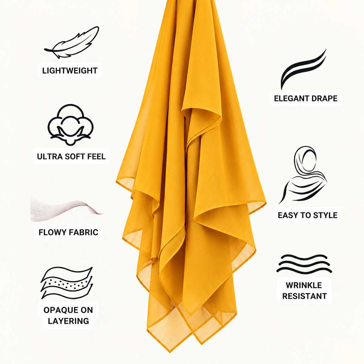 A mustard yellow sheer scarf or hijab draped vertically on a light cream background, surrounded by black line icons and text highlighting features such as lightweight, elegant drape, ultra soft feel, flowy fabric, easy to style, opaque on layering, and wrinkle resistant.